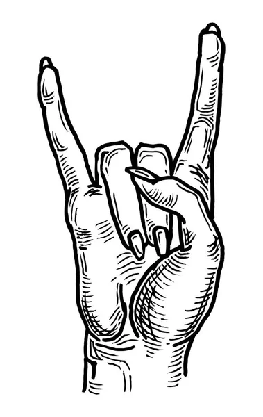 Rock and Roll hand sign. Vector black vintage engraving. — Stock Vector