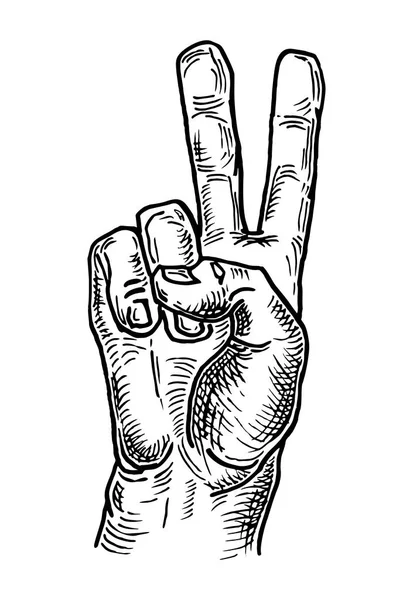 Female hand sign show sign victory or peace sign. Vector black vintage engraving — Stock Vector