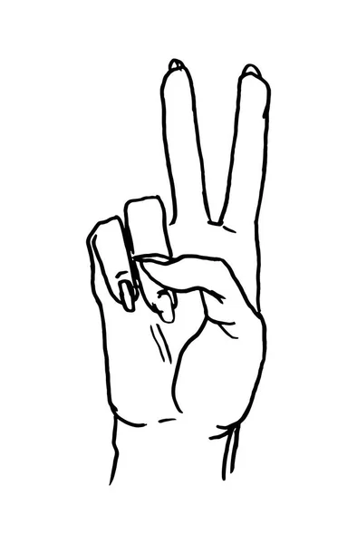 Weibliche Handzeichen zeigen Sieg oder Friedenszeichen. Vektor schwarz vintage illustration — Stockvektor