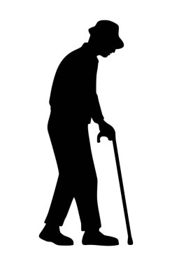 Büyükbabam sopa tutuyor. Vektör düz siyah illüstrasyon beyaz izole