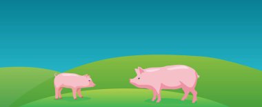 Kırsal arazide domuz ve domuzcuk. Vektör düz illüstrasyon.