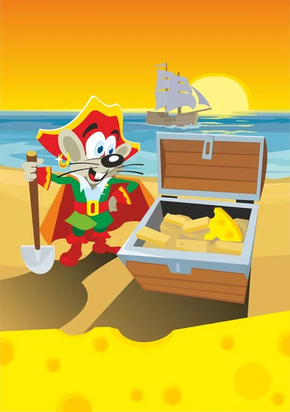 Comics mouse pirate found a treasure with cheese — Stock Vector