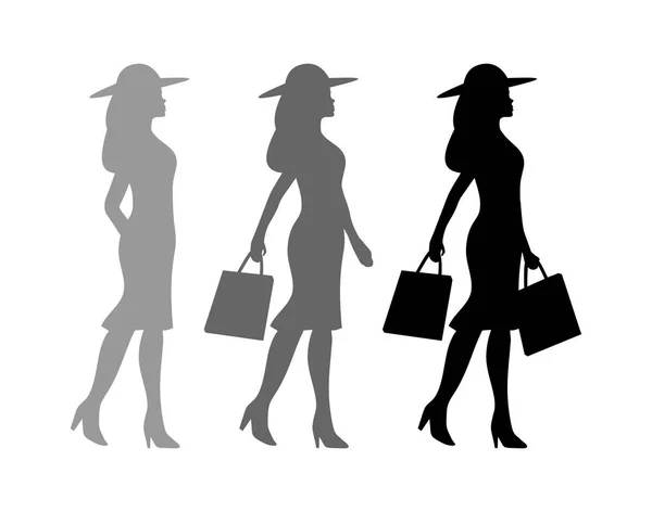 Processus d'achat. Femme tenant des sacs à main silhouette. icône noire vectorielle — Image vectorielle