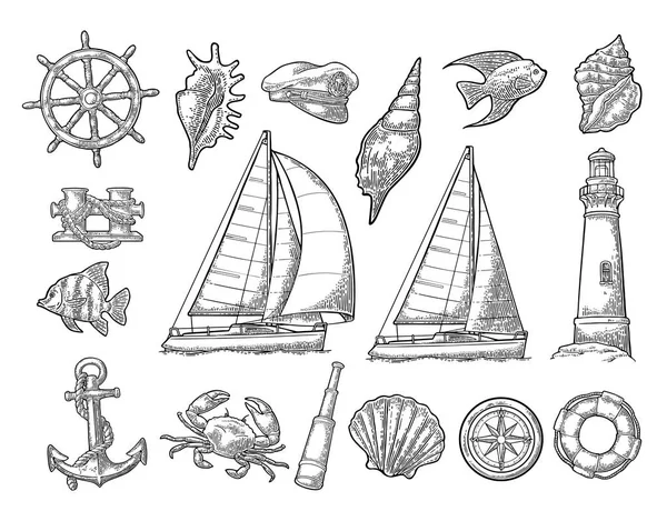 Anker, Segelschiff, Kompassrose, Spyglass, Leuchtturmgravur — Stockvektor