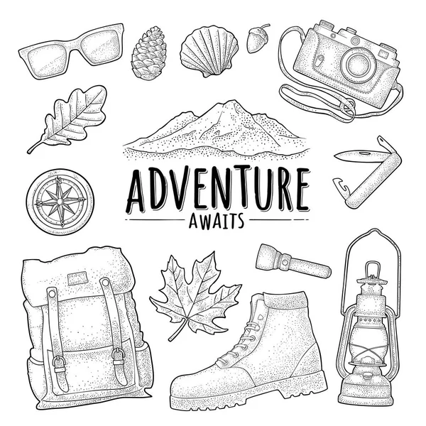 Travel set for outdoor recreation. Vector vintage engraving