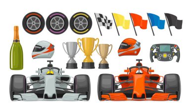 Yarış düz Icons set. Kask, şampanya, Kupası, bayrak