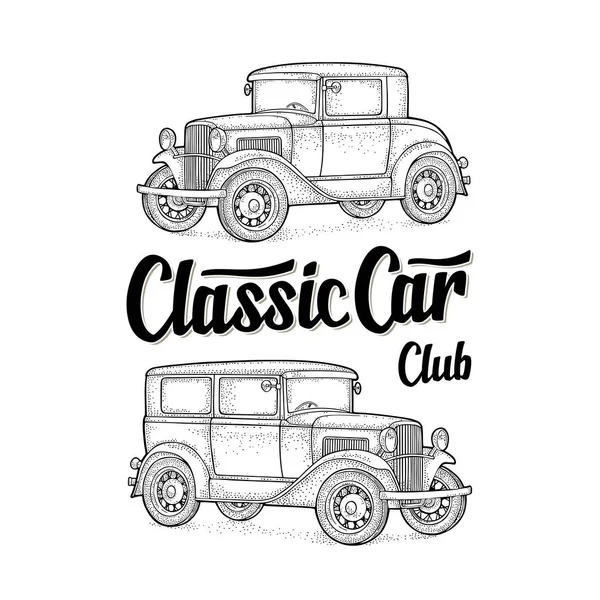 Sedán retro. Vista lateral. Letras clásicas de Car Club. Grabado — Archivo Imágenes Vectoriales