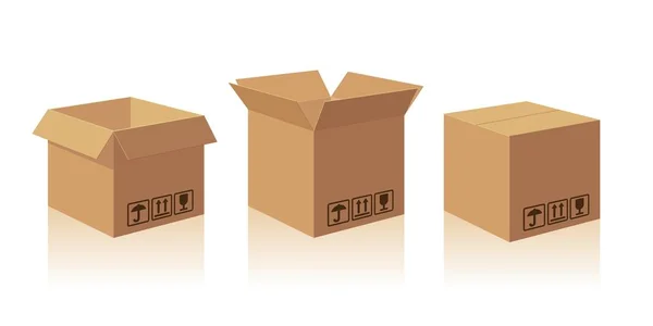 Öppna och slutna återvinna brun leverans förpackningar kartong med ömtåliga tecken. Collection vektor illustration isolerad låda med skugga på vit bakgrund för web, ikon, banner, nyhetsgrafik — Stock vektor