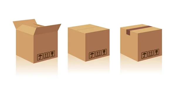 Caja de embalaje de entrega de cartón marrón reciclado abierta y cerrada con signos frágiles. Colección vector ilustración aislada caja con sombra sobre fondo blanco para web, icono, banner, infografía — Vector de stock