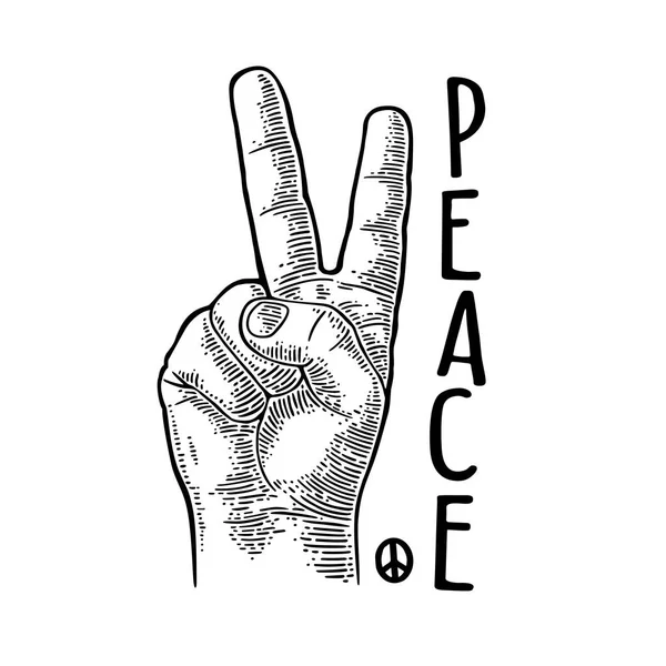 Male hand showing two fingers. Peace lettering. Vector black vintage engraving — Stock Vector