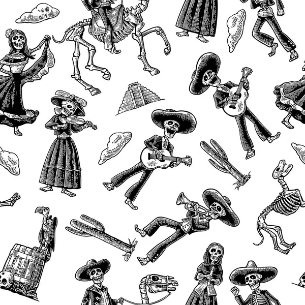 Esqueleto padrão sem costura em trajes nacionais mexicanos. Vintage vetor gravura preta —  Vetores de Stock