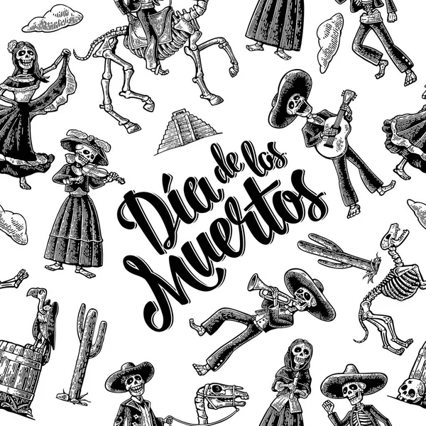 Naadloze patroon skelet in Mexicaanse klederdracht. Vintage vector zwart gravure — Stockvector