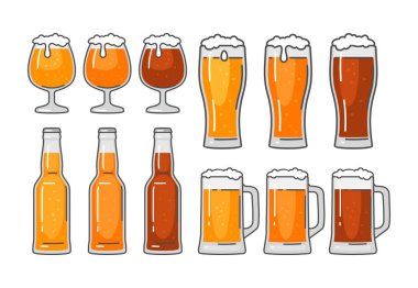 Cam farklı türleri bira ile - lager, bira, şişman. Vintage vektör düz illüstrasyon