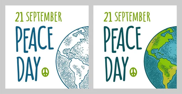 Peace Day 21 september lettering. Earth planet globe. Vector color vintage engraving il — Stock Vector