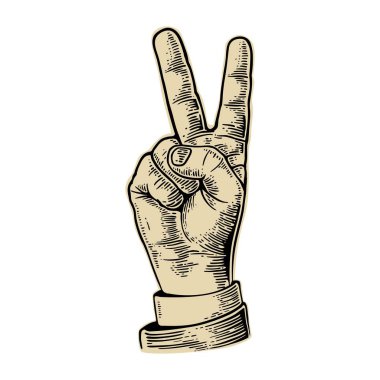 El işareti zafer işareti, ya da barış işareti veya makas. Vektör siyah vintage oyulmuş illüstrasyon izole beyaz bir arka plan üzerinde. Web, poster, bilgi grafiği