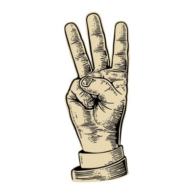 Erkek eli üç parmağını gösteriyor. Vektör siyah vintage beyaz bir arka plan üzerinde izole illüstrasyon oyulmuş. Web, poster, bilgi grafiği için el işareti