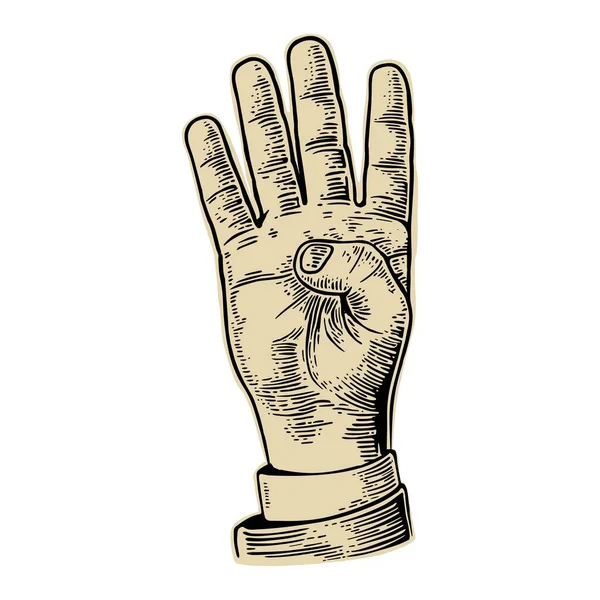 Mano masculina mostrando cuatro dedos. Vector negro vintage grabado ilustración aislada sobre un fondo blanco. Signo de mano para web, póster, infografía — Vector de stock