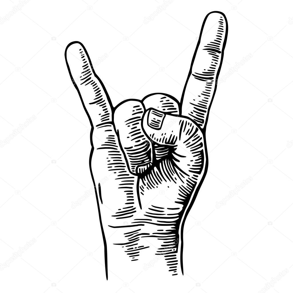 Rock and Roll hand sign. Vector black vintage engraved illustration.