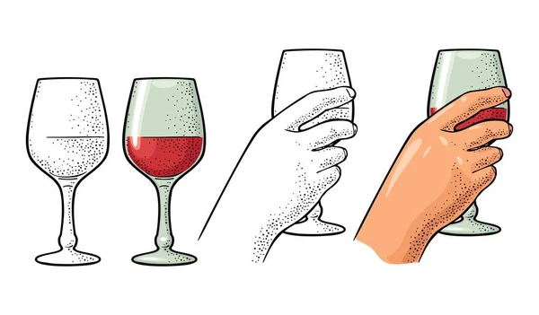 Weibliche Hand, die ein Glas Wein hält. Jahrgangsvektorgravur i — Stockvektor