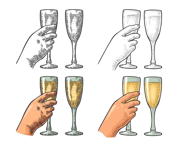 Weibliche Hand hält und Glas Champagner klirrt. Vintage-Gravur — Stockvektor