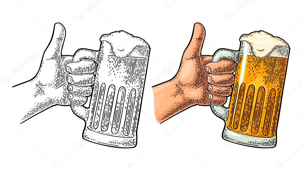 Male hand holding beer glass and showing symbol Like. Vector vintage engraving