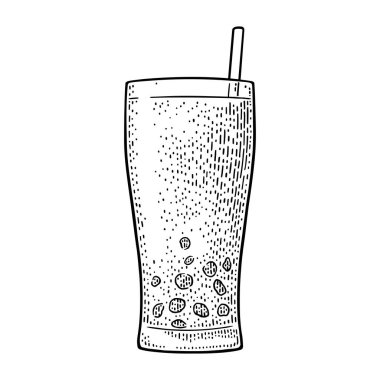 Bardakta tapyoka incili sütlü çay. Vektör vintage oymacılığı