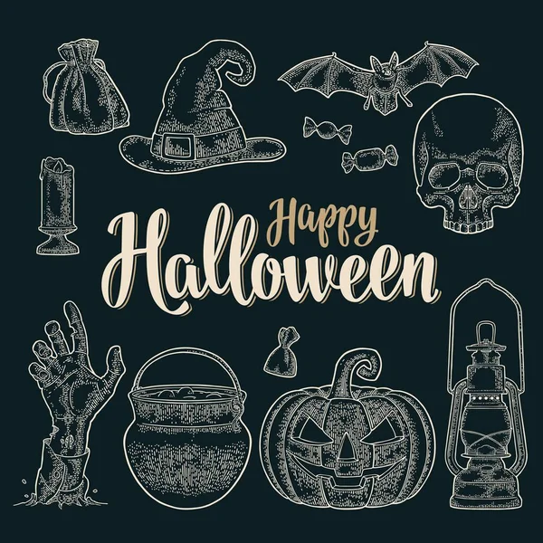 Buon Halloween calligrafia lettering e set vettoriale incisione vintage — Vettoriale Stock