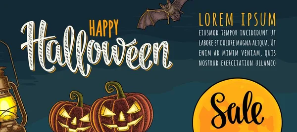 Horizontales Plakat mit fröhlichem Halloween-Schriftzug und Gravur-Illustration — Stockvektor