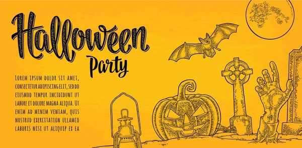 Cartaz horizontal com caligrafia Feliz Halloween lettering e gravura —  Vetores de Stock