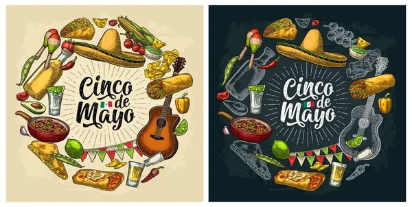 Forme de cercle mis gravure alimentaire mexicaine. Lettrage Cinco de Mayo . — Image vectorielle