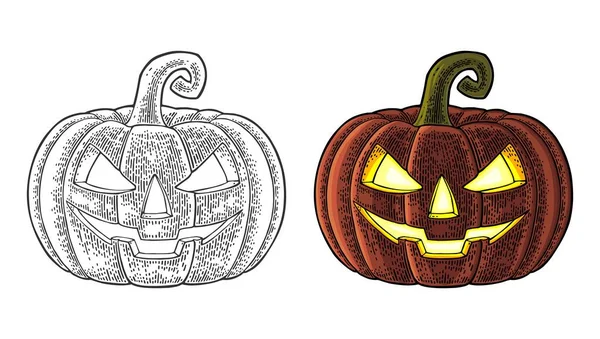 怖い顔でハロウィンのカボチャ。ベクトル ビンテージ彫刻イラスト. — ストックベクタ