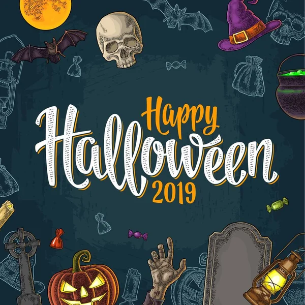 Πλατεία αφίσα με Happy Halloween 2019 γράμματα και χαρακτική απεικόνιση — Διανυσματικό Αρχείο