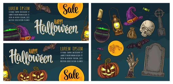 Dwa poziome plakaty z Happy Halloween liternictwo i grawerowanie ilustracji — Wektor stockowy