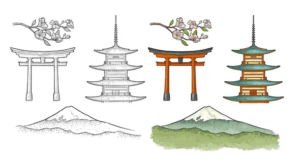 Hora Fudži v Japonsku. Vintage barvu vektorové ilustrace gravírování — Stockový vektor