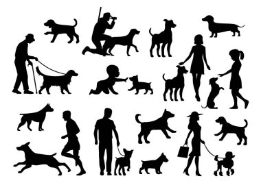 Köpeği ve insan siluetini ayarlayın. Vektör siyah düz simge