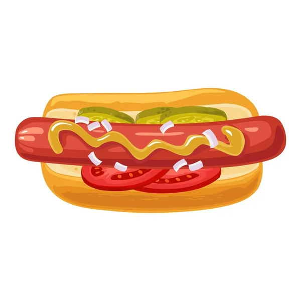 Hotdog con pomodoro, cetriolo, senape, cipolla. Vista dall'alto. Illustrazione piatta vettoriale isolata per menu poster brochure web e icona — Vettoriale Stock