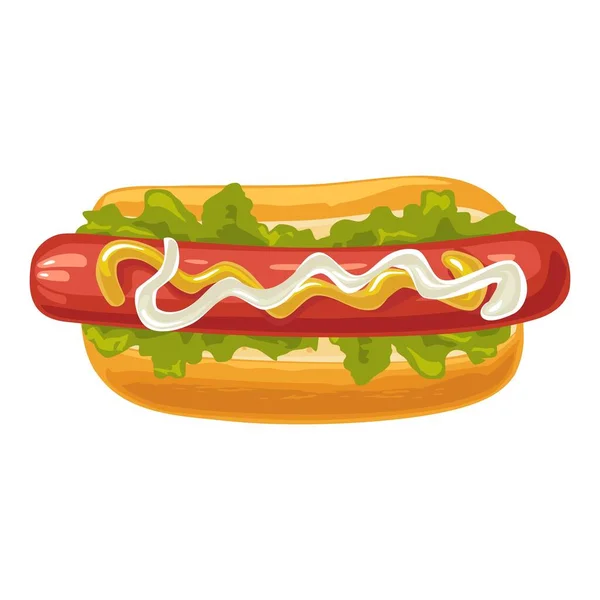 Hotdog s hořčicí, cibulí, salát. Horní pohled. Vektorové ploché ilustrace izolované pro plakát menu brožura web a ikona — Stockový vektor