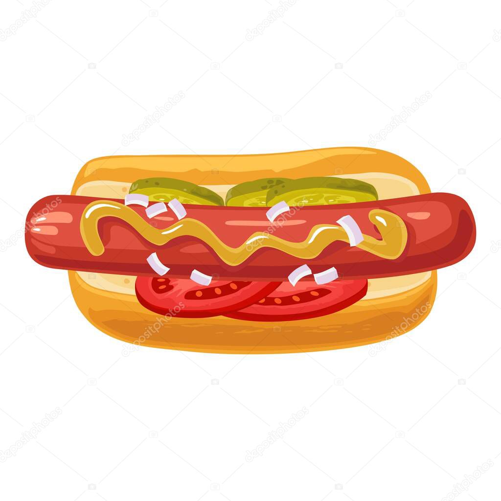Hotdog with with tomato, cucumber, mustard, onion. Top view. Vector flat illustration isolated for poster menus brochure web and icon