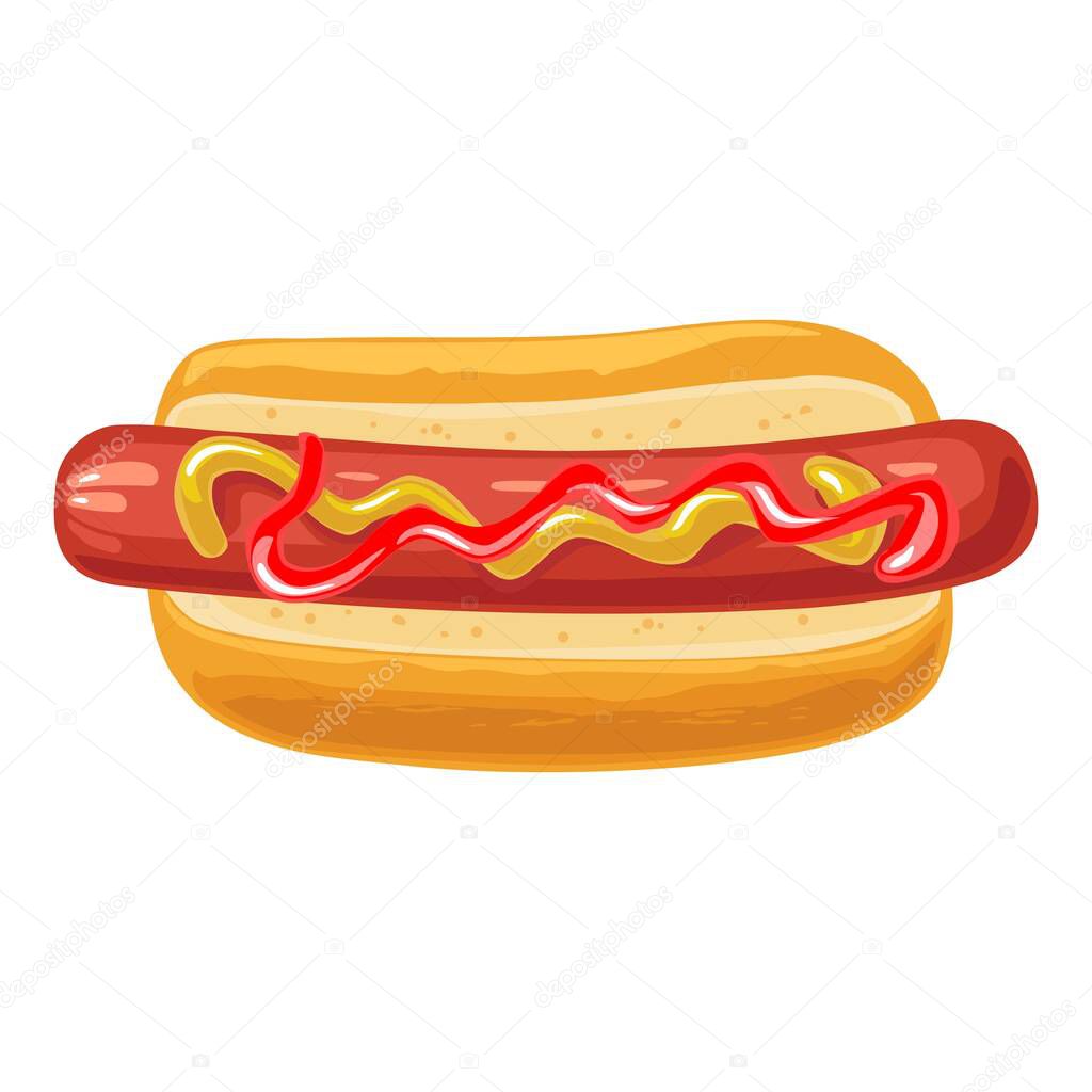 Hotdog with mustard and ketchup. Top view. Vector flat illustration isolated for poster menus brochure web and icon