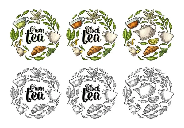 Conjunto com letras Black Green Tea. Gravura Vector vintage —  Vetores de Stock