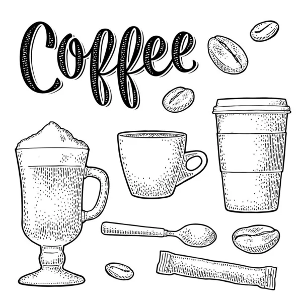 Ponle café. Azúcar, frijoles, cuchara, café con leche. Grabado vectorial Vintage — Vector de stock