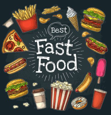 Fast food hazırla. Kahve, hamburger, pizza, sosisli sandviç, kızarmış patates, patlamış mısır.