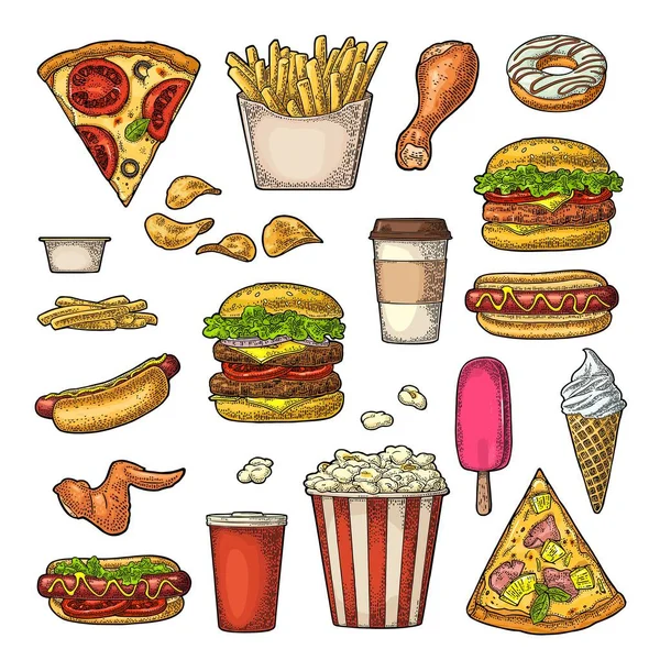 Ustaw fast food. Kawa, hamburger, pizza, hot dog, smażone ziemniaki, popcorn — Wektor stockowy