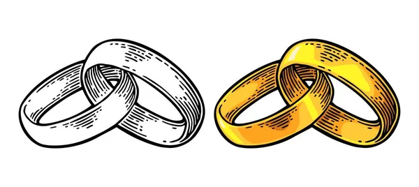 Anéis Casamento Dourados Mão Desenhada Estilo Gráfico Vintage Cor Vetor — Vetor de Stock
