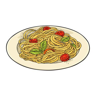 Tabakta spagetti. Beyaz arkaplanda vektör vintage oymacılığı izole edildi. Menü için el çizimi tasarım ögesi