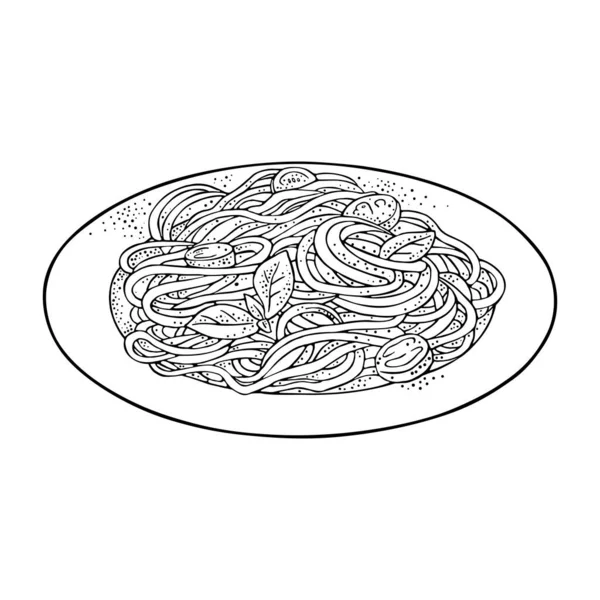 Спагетти Тарелке Векторная Винтажная Черная Гравировка Белом Фоне Элемент Оформления — стоковый вектор
