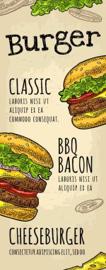 Metinli restoran veya kafe menüsü. Hamburger kaligrafi harfleri. Eski bej el işi kağıt üzerine eski renk vektör oymacılığı çizimi