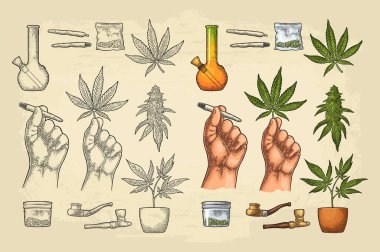 Marihuana hazırla. Sigara, pipo, çakmak, tomurcuklar, el tutma yaprağı, şişe, sigara, cam kavanoz, plastik torba, esrar içmek için pipo. Klasik siyah vektör kabartma çizimi. Bej rengi ile izole edilmiş..