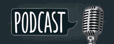 Podcast el yazısı harfleri. Mikrofon klasik vektör renk oymacılığı. Gece şehir arka planında. Yatay poster, broşür, ağ için şablon