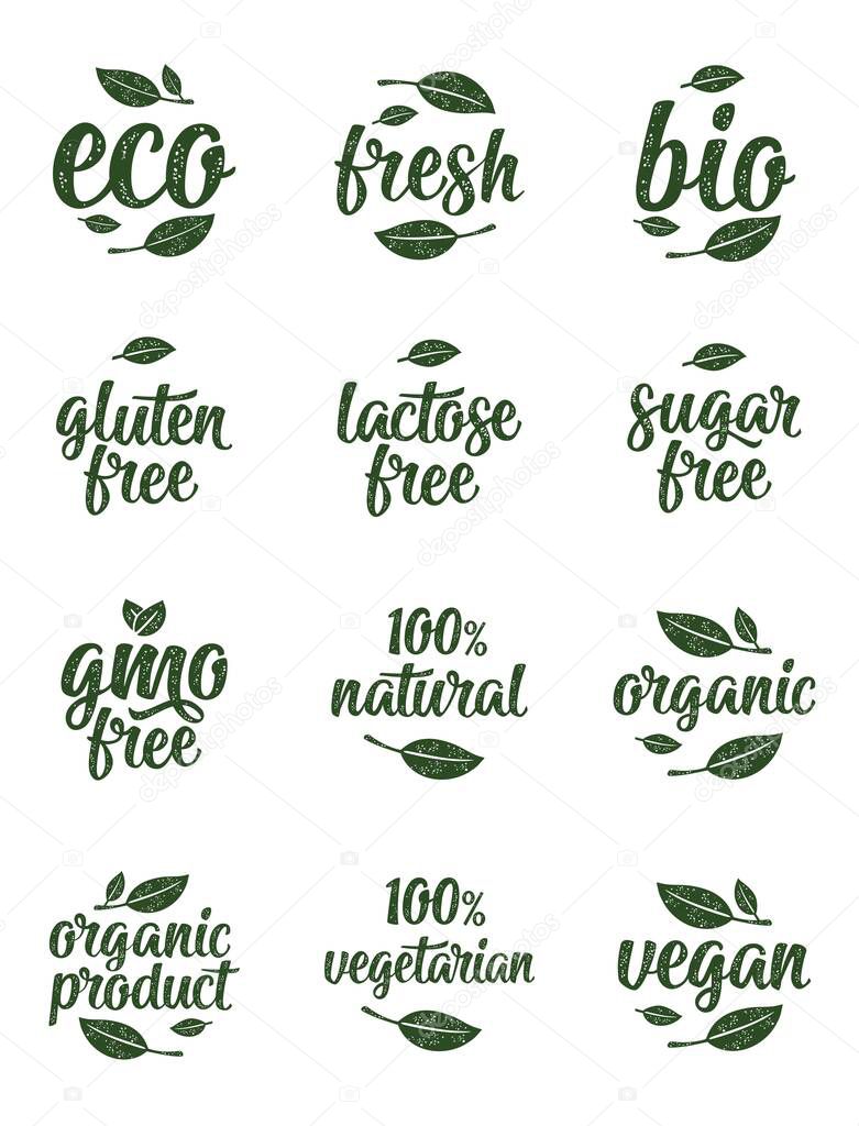 Gluten, lactose, sugar, Gmo free, bio, eco, fresh calligraphic handwriting lettering with leaf, cube, drop. Vector white vintage illustration on white. Sign for 100 natural organic food sticker